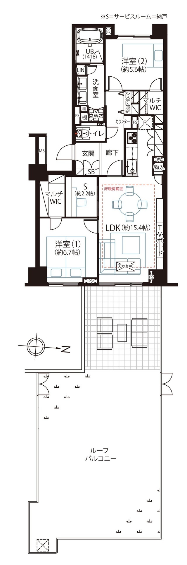 74.45㎡　2ＳＬＤＫ　豊富な収納を備えた住みやすい間取りとなっております。　特徴的な78.97㎡の大型ルーフバルコニーからは開放的な眺望をお楽しみいただけます。
