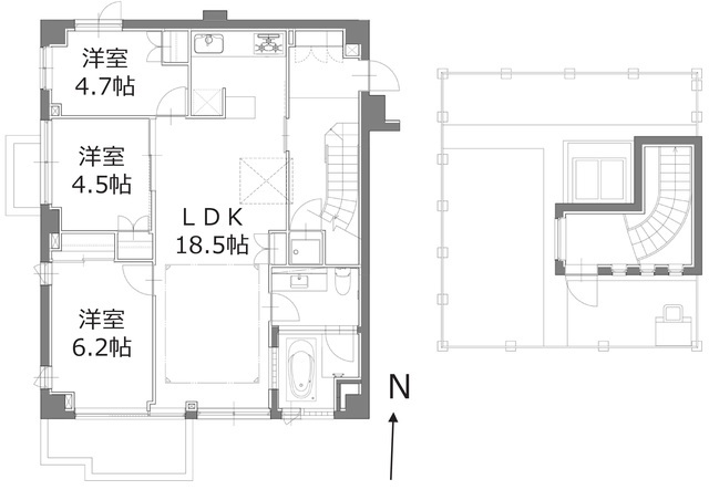 最上階・南西角ルーフバルコニー付き住戸　１８．５帖ＬＤＫに配したトップライトや、玄関ホールの螺旋階段が開放感と高級感を演出するリフォーム済み３ＬＤＫ　室内ご内覧可能お気軽にご連絡ください。