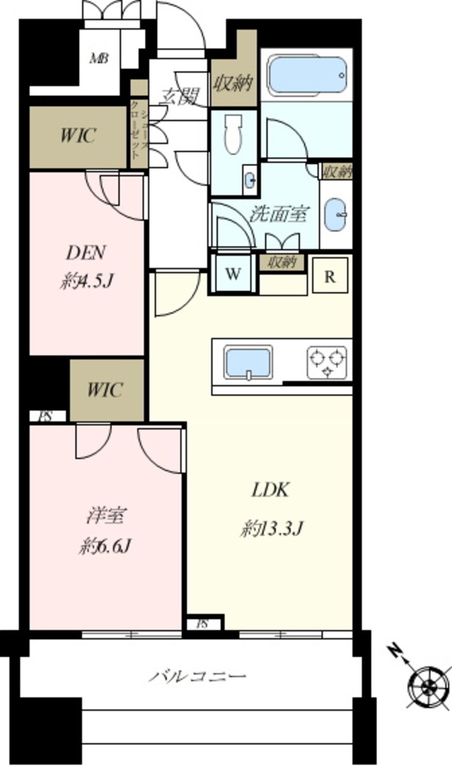 LDK約13.3帖に洋室約6.6帖、DENは、子ども部屋として利用可能。使い勝手の良い間取り。2つのWICやSICなど豊富な収納力を誇ります。生活動線に優れ、お部屋をすっきりと保てる快適な居住空間です。