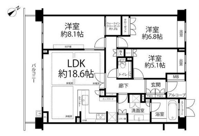 約１８．６帖の広々としたＬＤＫと、約８．１帖の主寝室を備えたゆとりある３ＬＤＫ　各居室の広さを確保しながら、キッチンには回遊性のある２ＷＡＹ動線　日々の暮らしやすさと居住空間のゆとりを両立した間取り