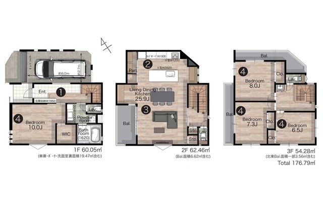 間取図　４LDK・建物176.79㎡(車庫・バルコニー含む）